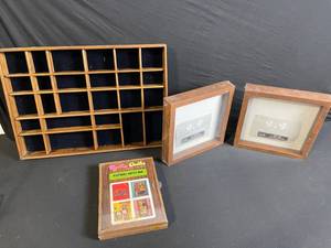 lot 140 image: Keepsake Hutch Box HO-150  Wooden Display Shelf & 2 Framed Prints