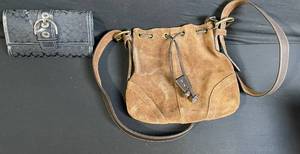 lot 149 image: Monogram Wallet & Brown Suede Bucket Bag Set - Crossbody