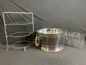 lot 151 image: Charcoal Brazier Set with Rope-Handle Pot, 3-Ring Stand & Wire-Mesh Basket