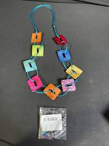 lot 157 image: Colorful Square Bead Necklace on Teal Cord - Rainbow Handmade Jewelry