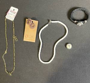 lot 159 image: Fair Anita Jewelry Lot of 5 Earrings, White Bead Necklace, Gold Chain, Black Bracelet, Coin Pendant