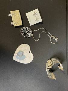 lot 160 image: Sterling Silver Filigree Pendant Necklace & 2 Pairs of Earrings, Heart Ring, Multi-Bangle Bracelet