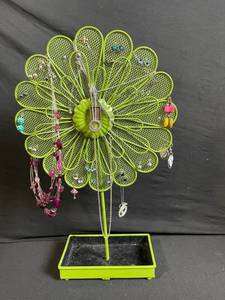lot 161 image: Green Metal Flower Jewelry Tree Display Stand with Dangling Necklaces and Earrings