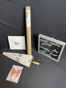 lot 163 image: Butterfly Wall Art & Vintage Decor Lot - 7 Pieces Frames, Poster Tube, Parasol, Letter Board
