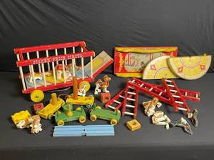 lot 174 image: Fisher-Price Circus Wooden Toy Set - Red Wagon, Ladders, Trains & Figures