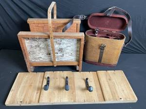 lot 183 image: Vintage Wooden Coat Rack with 3 Iron Hooks - Includes Picnic Case & Wine Accessories
