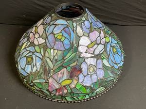 lot A-185 image: Tiffany-Style Stained-Glass Lamp Shade - Floral Dome, Beaded Rim - 21 inches