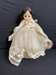 lot 191 image: Doll - Vintage Ivory Lace Wedding Dress with Satin Ribbon Cape