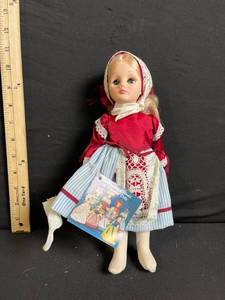 lot 196 image: Doll - Vintage Fashion, Red Velvet Bodice, Lace Trim, Blue-Striped Skirt