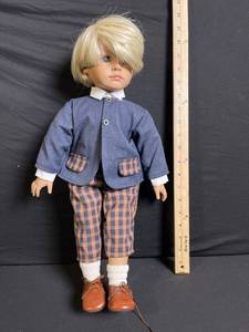lot 204 image: Blonde Fashion Doll - Denim Jacket & Orange Plaid Pants