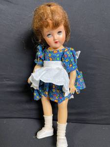 lot 224 image: Vintage Cloth Doll - Blue Floral Dress with White Apron