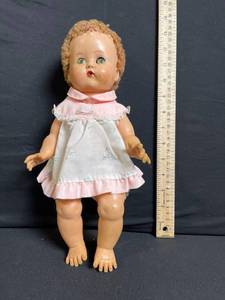lot 227 image: Vintage Baby Doll - Pink Dress with Lace Trim, Green Eyes, 14 inches tall