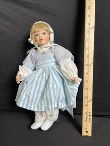 lot 230 image: Vintage Baby Doll in Blue Stripe Dress with Bonnet, Lace Socks & White Shoes