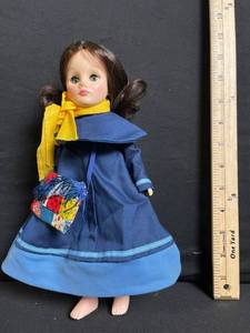 lot 232 image: Vintage Cloth Doll - Navy Blue Coat, Yellow Scarf, Patchwork Bag, about 15 in tall