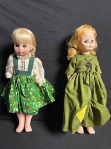 lot 236 image: Vintage Vinyl Fashion Dolls - 2-Piece Lot in Green Floral and Olive Dresses