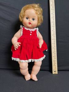 lot 241 image: Doll - Vintage Blonde Baby Doll in Red Velvet Dress with Lace Trim