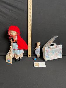 lot 250 image: Vintage Cloth Doll Lot - Large Red-Caped Girl, Floral Dress  2 Mini Dolls  Gift Box