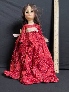 lot 253 image: Doll - Vintage Fashion Doll in Red Floral Satin Gown with Cream Sash & Pearl Necklace