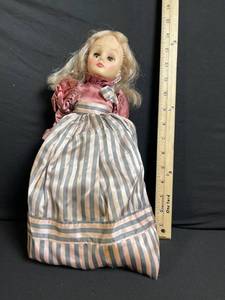 lot 254 image: Vintage Fashion Doll in Pink Satin Blouse & Striped Blue-Gray Dress