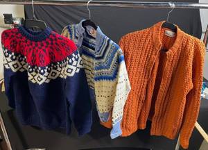 lot 269 image: Nordic Pattern Knit Sweater Lot  Orange Cardigan  Holiday Quilts & Textiles Bundle