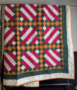 lot A-276 image: Patchwork Quilt - 64 x 132 in - Magenta, Orange & Green Diamond Pattern