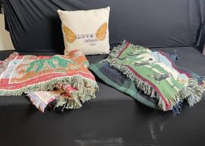 lot 279 image: Vintage Tapestry Throw Blankets - Fringed Edges - Assorted AnimalChild Scenes