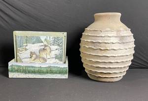 lot 283 image: Woodland Scene Tile with Stand & Beige Ribbed Ceramic Vase - Rustic Decor