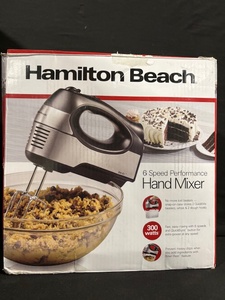 lot 27 image: Hamilton Beach 6-Speed Hand Mixer 300W - Model 62646FG with Beaters, Whisk & Dough Hooks