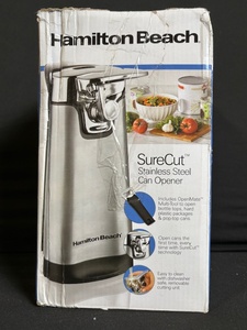 lot 268 image: Hamilton Beach SureCut Stainless Steel Can Opener with OpenMate - Model 76778JFG