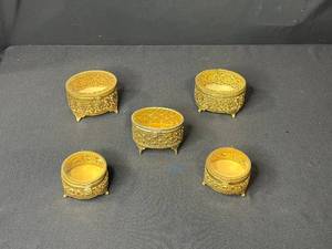 Set of 5 Vintage Ornate Gold Tone Filigree Jewelry Trinket Boxes
