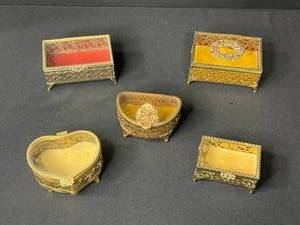 Set of 5 Vintage Ornate Brass and Glass Jewelry Trinket Boxes