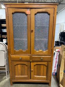 lot 27 image: Antique Wooden Pie Safe Cabinet with Tin Panels and Drawers