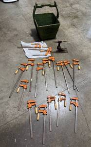 lot 46 image: Antique Rodgers Grain Company Green Wood Bucket with Bar Clamps and Anvil