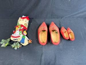 lot 47 image: Decorative Red Wooden Dutch Shoes and Holiday Felt Stocking Set