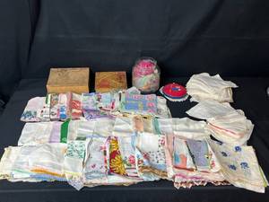 lot 53 image: Vintage Handkerchief Collection with Keepsake Boxes and Sewing Notions