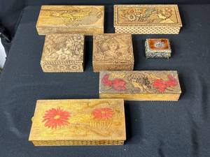 lot 58 image: Collection of Antique and Vintage Decorative Wooden Trinket and Jewelry Boxes