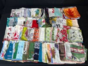 lot 62 image: Collection of Vintage Printed Handkerchiefs Assorted Designs