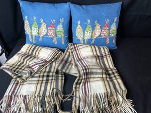 lot 64 image: Set of 2 Decorative Bird Throw Pillows and 2 Plaid Scarves