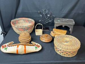 lot 68 image: Collection of Vintage Woven Baskets, Decorative Boxes, and Wood Stool