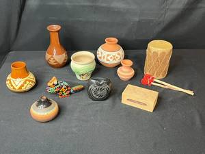 lot 70 image: Southwestern Pottery and Folk Art Collection with Decorative Drum and Carved Box