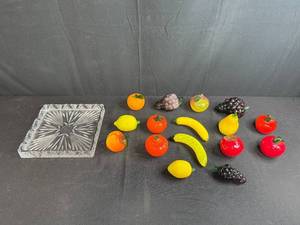 lot 82 image: Set of Hand Blown Glass Fruit Figurines with Ornate Crystal Tray