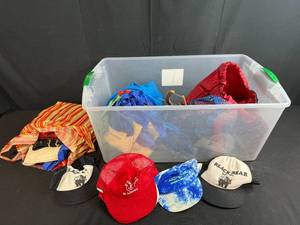 lot 83 image: Collection of Tote Bags and Mesh Caps in Storage Bin