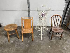 lot 85 image: Vintage Furniture and Decor Lot 3 Chairs and Ornate Metal Dress Form
