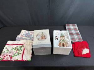 lot 90 image: Holiday Decor Collection with Dept 56 Santabear Village Mistletoe Wedding Chapel, Table Linens, and Crochet Doilies