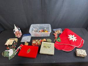 lot 92 image: Vintage Christmas Decorations Lot inc Dept 56 with Ornaments, Tree Skirt, and Church Figurine