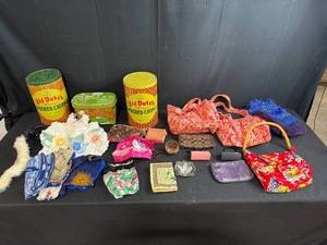 lot 93 image: Vintage Old Dutch Potato Chip Tins, Novelty Purse, Wallet and Handbag Collection