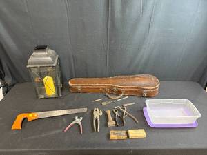 lot 99 image: Mixed Lot of Vintage Tools, Lantern, Musical Instrument Case w Bow and Montgomery Ward Riveting Set