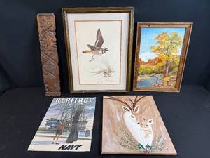 lot 103 image: Collection of Artwork Pieces - Framed Paintings, Print, Carving, and Heritage Navy Poster