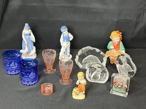 lot 106 image: Collection of Vintage Figurines and Art Glass Including Florida Glass, Etched Pink Glass, and Crystal Paperweights