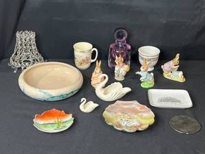 lot 108 image: Vintage Rabbit Figurines, Bunnykins Mug, Nemadji Pottery Bowl & Decorative Collectibles Lot